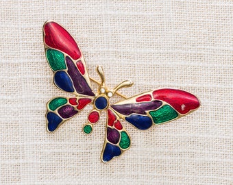Vintage Enamel Butterfly Brooch 1980s 90s Mutlicolor + Gold Broach Vtg Pin 7ii