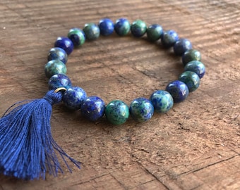 Lapis Lazuli Chrysocolla Mala Bracelet, Chakra Bracelet, Healing Meditation Bracelet, Yoga Bracelet, Wrist Mala, Throat Chakra Tassel
