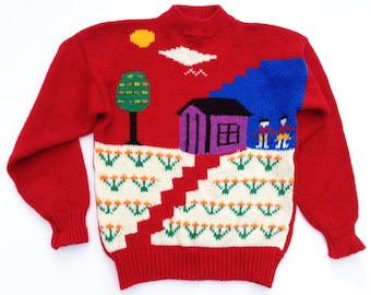 1970s Happy Landscape Handknit Intarsia Sweater