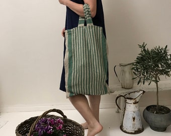 Green Natural Burlap Bag, Rustic Linen Tote Bag, Natural Linen Canvas Bag, Linen Handbag, Fabric Handbag, Shoulder bag, Grey Brown Handbag