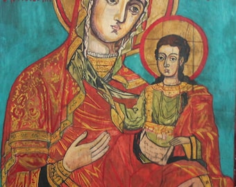 Vintage Orthodox Tempera/Wood Hand Painted Icon Virgin Mary Christ child