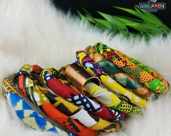 African Fabric Bangles/Bracelets w/ Brass Tube Detail (9 bangles total)