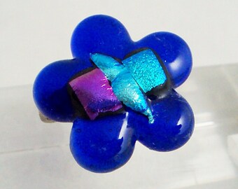 Fused Glass Pin Brooch .. Cobalt Blue Flower.... Art & Dichroic Glass