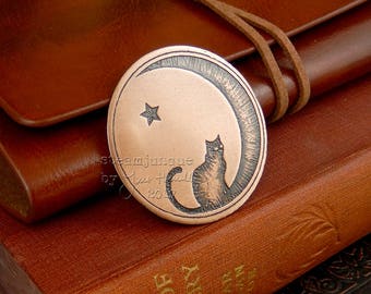 Copper Cat Brooch, moon brooch, cat jewellery, cat star and moon brooch, gift for cat lover, copper jewellery, copper brooch.