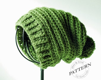 CROCHET PATTERN - Ridge Slouch Hat, Pom-Pom Slouchy Beanie, Ribbed Brim, Intermediate Crochet (Toddler, Youth, Adult Sizes) pdf #024H