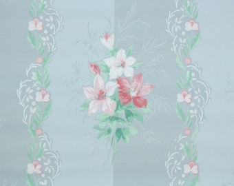 1930s Vintage Wallpaper by the Yard - Pink and White Flowers on Blue Stripes, Floral Wallpaper