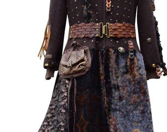 Military style sweater COAT, boho steampunk clothing, OOAK festival Coat, tattered long fantasy, hippie patchwork Plus size. Ready to ship