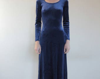 90's Benetton royal blue velvet maxi stretch dress / club kid chic / scoop neck and back
