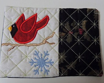 Cardinal Applique and Embroidered Mug Rug Coffee Mat Candle Mat Drink Coaster Gift Decorative Snack Table Desk Mat Black White Red
