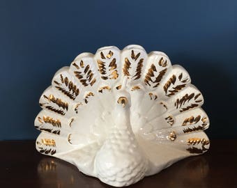 Peacock vase of ceramics, white with gold