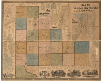 Cook & DuPage Counties Illinois 1890 Old Wall Map Reprint