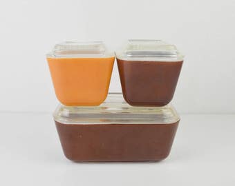 Vintage 1970s Pyrex Fridgies Refrigerator Dishes Brown Butterscotch Caramel Yellow Orchard Set 502 501-B Lids