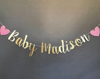 BABY NAME BANNER, baby name sign, baby shower decor, baby shower decorations, glitter baby name, glitter banner, baby shower sign, custom