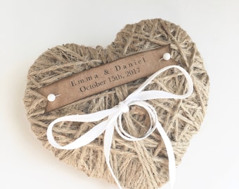 Heart Jute Wedding Ring Pillow/Holder-reuse as Christmas ornament-personalized-ribbon or lace-wedding ceremony-wedding ring holder, rustic