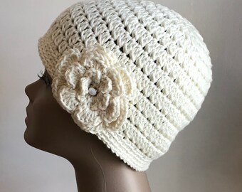 Women’s crochet hat, summer / spring, COTTON, chemo hat, Ivory, removable flower, Ready to ship. S17