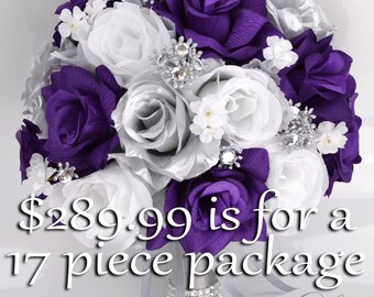 Wedding Bouquet, Bridal Bouquet, Bridesmaid Bouquet, Silk Flower, Wedding Flower, Silk Bouquet, 17 Piece Set, Purple, Silver Lily of Angeles