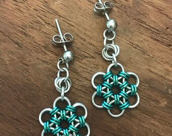 Chainmail Japanese Flower Emerald Earrings Stainless Steel