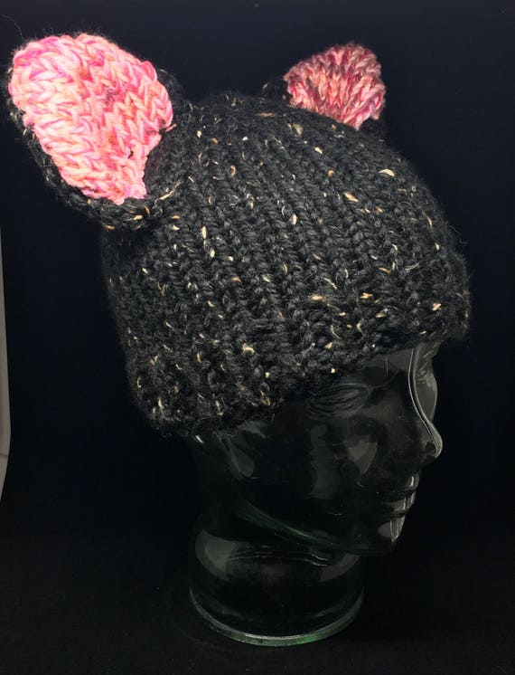 Hand knit black and white cat ears Pussy hat #resist