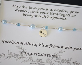 Something Blue Anklet, Bride Gift, Blue Swarovski Pearl Anklet, Charm Anklet, Initial Sterling Silver Adjustable Anklet, Couples Charm