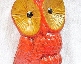 1970s Burnt Orange Owl Wall Plaque Wide Gold Eyes