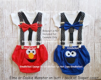 ELMO or Cookie Monster Birthday outfit Sesame Street cake smash black Polka Dot suspenders diaper cover bow tie 9 12 18 24 toddler
