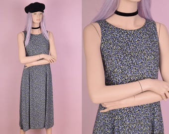 90s Floral Print Sleeveless Dress/ Medium/ 1990s