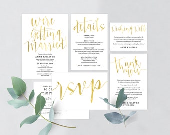 Gold wedding invitation template download, Editable pdf, Instant download, Gold invitations, Printable wedding stationery, Wedding details