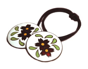 Red and White Flower Hair Accessory - Vintage Enamel 1935 Buttons, Ponytail Holder