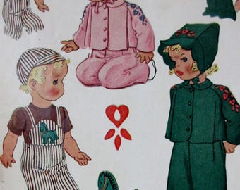 Vintage 1944 McCalls Toddler Boy and Girls Play Suit, Overalls, Shirt, Jacket and Hat or Bonnet with Transfer Pattern #1139 Size 1