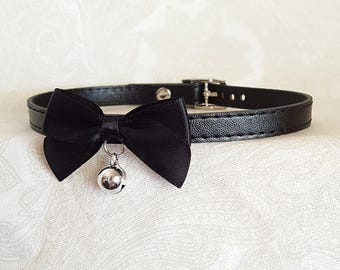 10mm Black Faux Vegan Leather and Bow Choker Buckling Kittenplay Petplay Collar