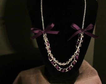 Purple Ribbon and Rhinestone Necklace