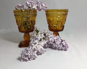 Pair of Park Lane Amber Glass Wine Goblets