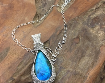 Stunning Blue Flash on this Labradorite and Sterling Necklace - Handmade in the USA