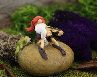 Garden Gnome Playing Fiddle with Frog - Miniature Fairy Garden Supply