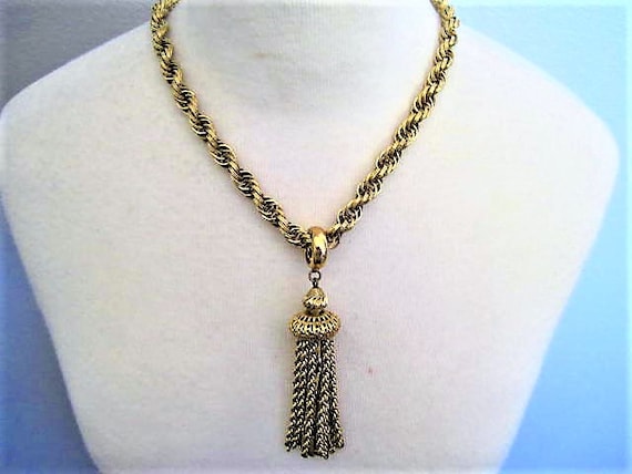 Monet Damita Necklace, Gold Tone Tassels, Domed Shape Pendant, Vintage Monet, Book Piece