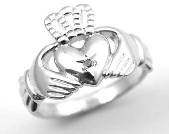 Claddagh Ring Sterling Silver Set With Black Diamond (CL1)