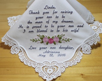 Embroidery Wedding Handkerchief with Claddagh Cluny Lace to Mother of Groom Monogrammed Personalized Custom(#18325-3)