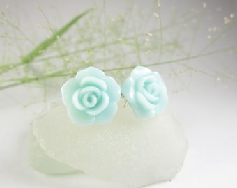 Teal Rose earrings, teal rose stud earrings, best friend gift, rose jewelry, rose earrings, flower earrings, teal stud earrings jewelry