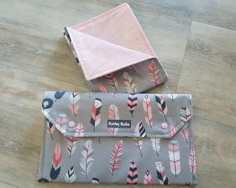 Nappy Wallet & Waterproof Change Mat. "Pastel Feathers" Fabric. Beautiful Gift!