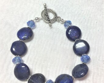 Natural Blue Lapis Coin & Glass Sapphire Bracelet #523