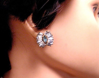 Vintage Phyllis Teal Blue and Clear Rhinestone Goldfill Earrings. (B5)