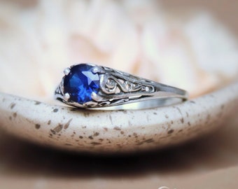Dainty Blue Sapphire Promise Ring - Sterling Silver Victorian-style Sapphire Engagement Ring - September Birthstone Ring - Sapphire Ring