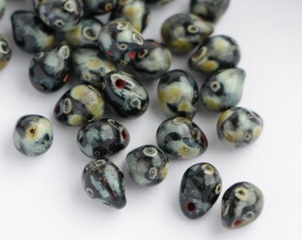 5x7mm Black Picasso Drops (25pcs) Travertine Antique Jet Czech Glass Pressed Beads