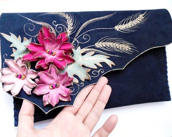 Pink Flowers bag Summer bag Floral clutch purse Summer purse Colorful clutch Painted leather Boho bag Leather clutch Wedding bag Bridal gift