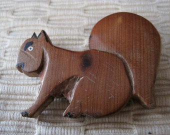 Cute Vintage Carved Wood Squirrel Brooch