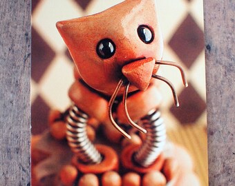 Red Robot Cat Sculpture Art Postcard
