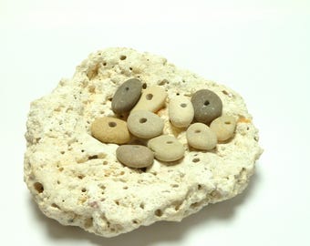 Genuine Drilled Beach STONE PAIRS Spacers Donuts Focals Jewelry Beads Natural Pebbles Cairns Charms Rustic River Rock Bedrock
