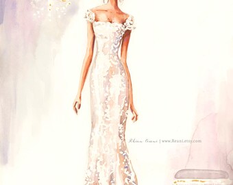 Wedding Art Custom Wedding Illustration, Bridal Portrait,Dress Drawing,Wedding Gift,Wedding Portrait, Couple Portrait, Save the Date Card