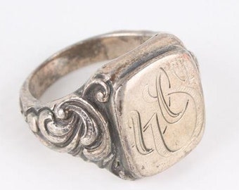 900 Silver ring Sealing ring Gr. 61/Ø 19.5 mm Silver ring with monogram & volutes 900ER silver, stamped