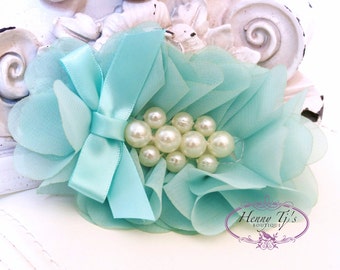 New: Pearlynn Collection - 2 pcs Silk Chiffon Pearl Fabric Flowers - AQUA/Seafoam GREEN Layered Bouquet flowers
